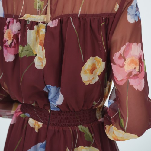 SIXDO G-Wine Floral Voile Flared Dress for Women
